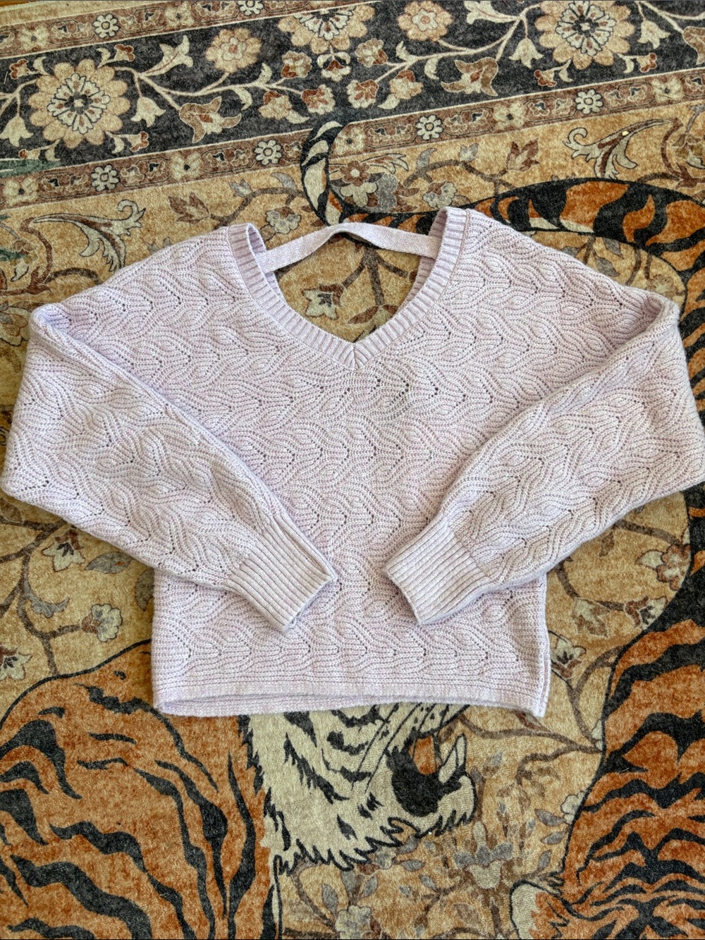 Pink Rose Light Lavender Cable V-Neck Sweater